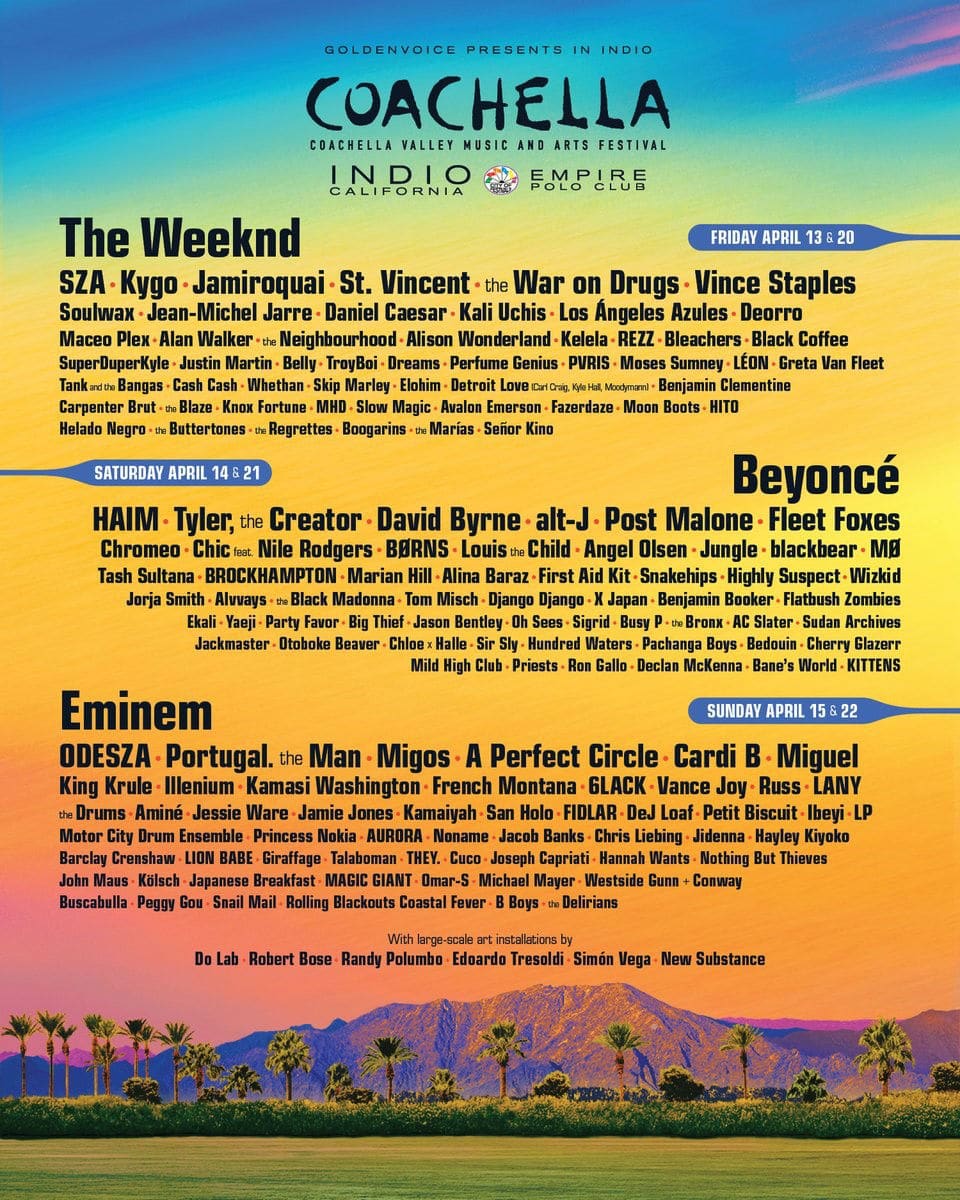 Coachella announces its 2018 line up featuring Kygo Eminem Beyoncé