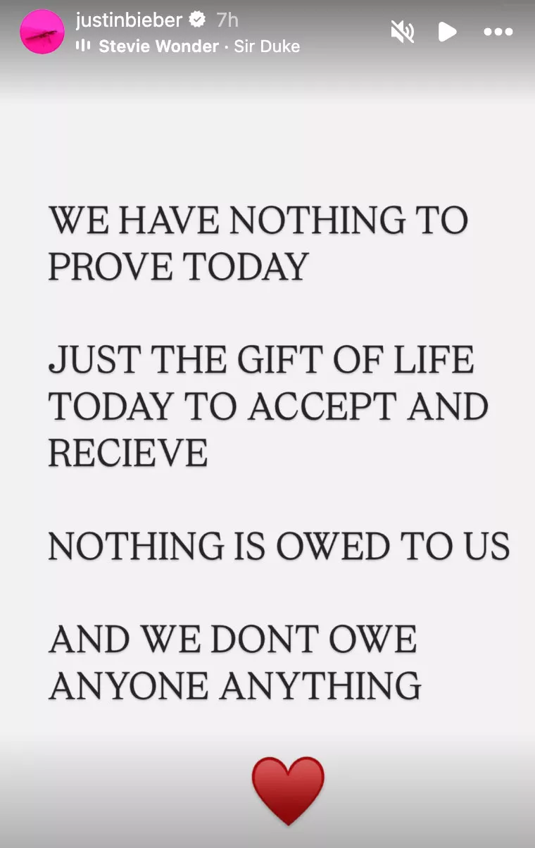 Justin Bieber IG Story
